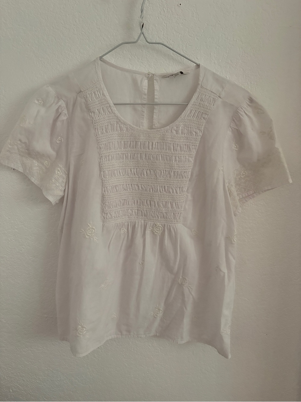 Lucky Brand White Embroidered Smocked Yoke Blouse